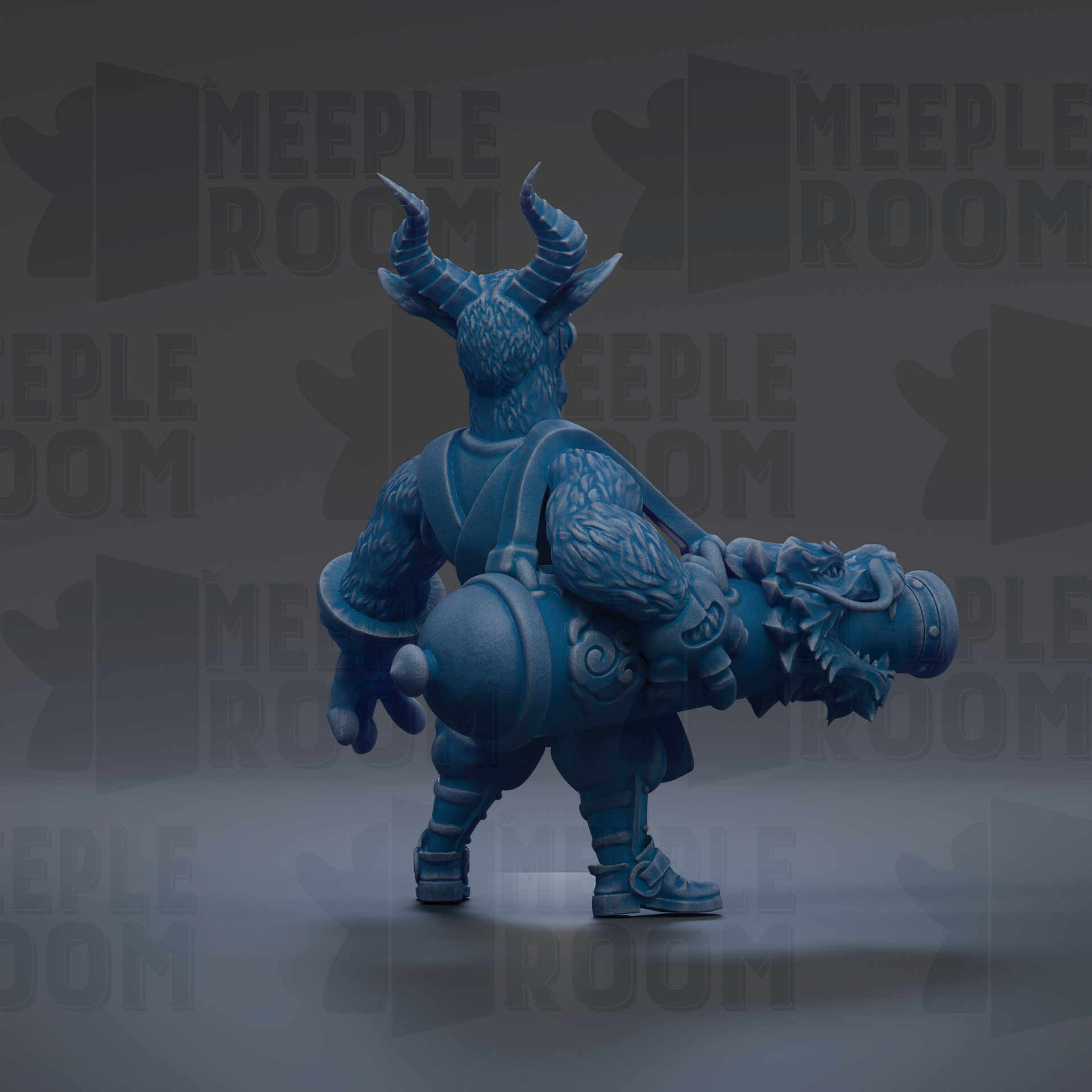 A blue, horned creature with a dragon-like head stands on a gray surface, surrounded by repeated "MEUPLE ROOM" text.
