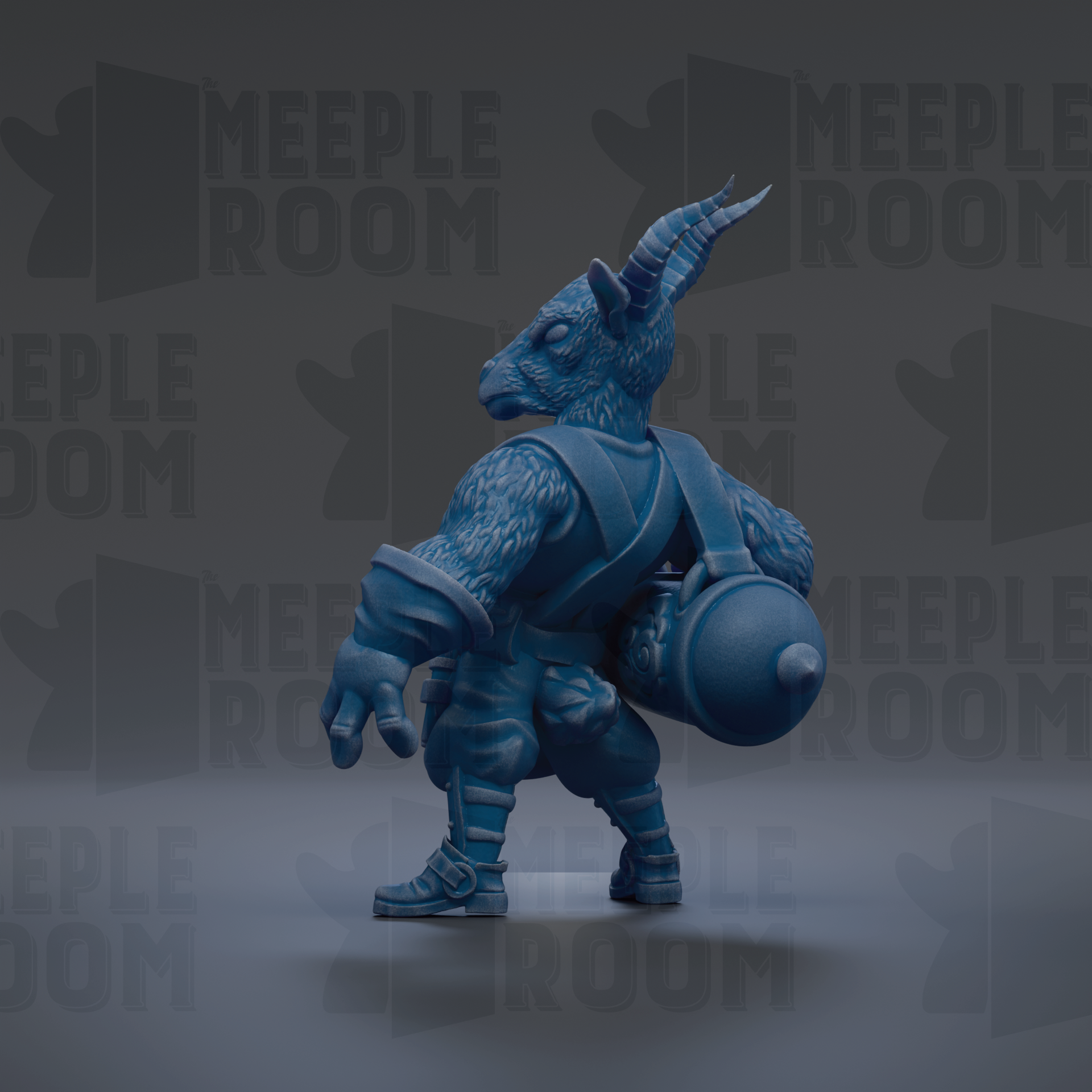 A blue, furry, horned creature with a backpack stands in the center of the image against a dark background with repeated text.