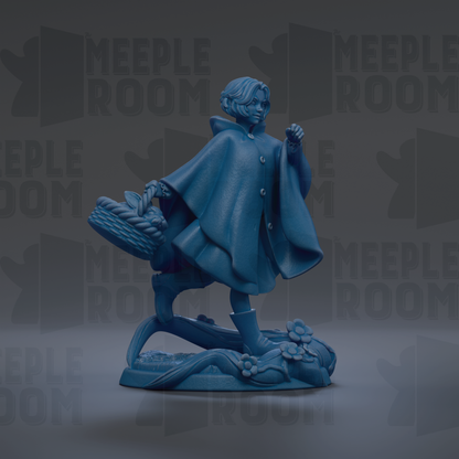 A blue figurine of a person standing on a branch, holding a basket, against a dark background with repeated text.