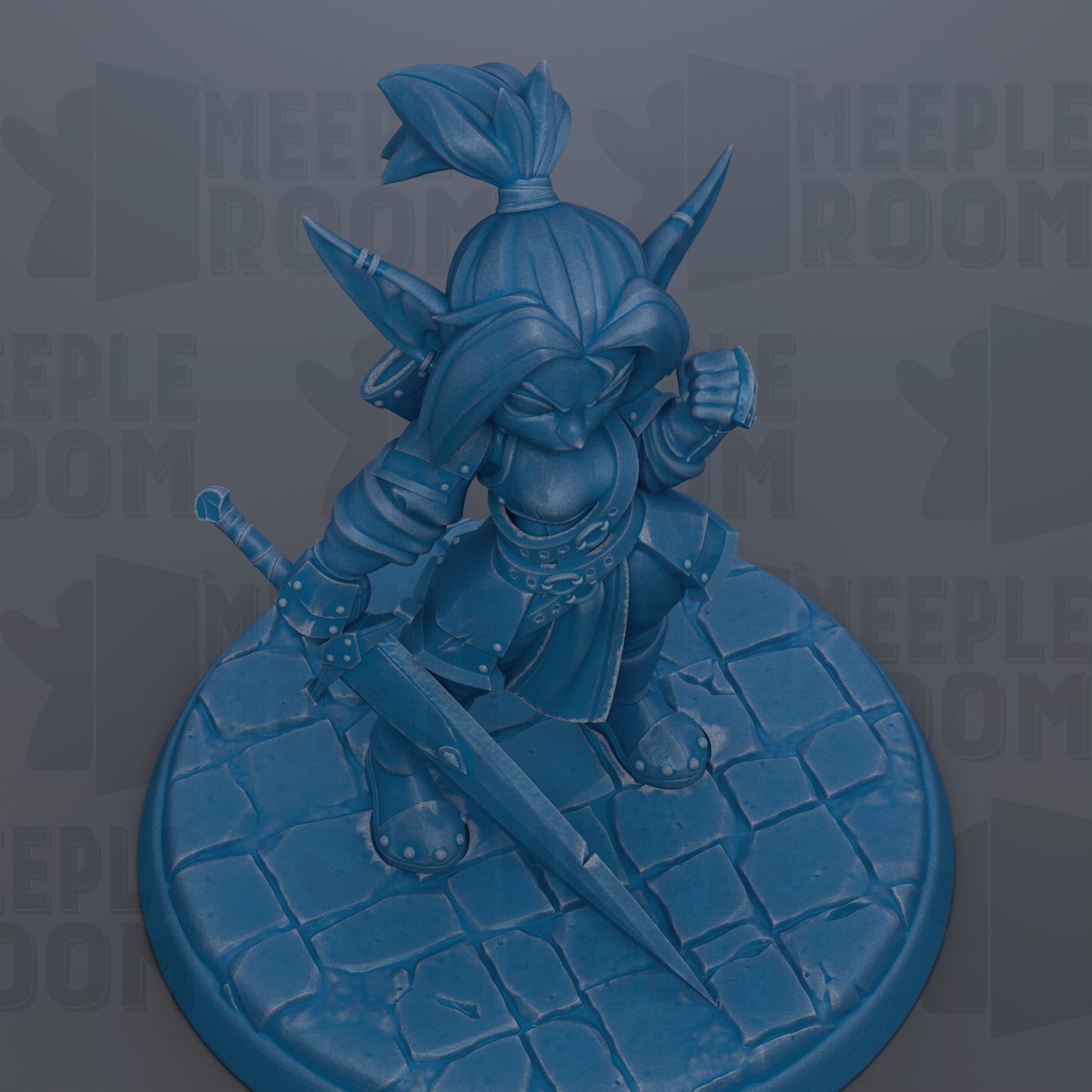 A blue figurine of a character with a sword and a pointed hat, standing on a blue base.