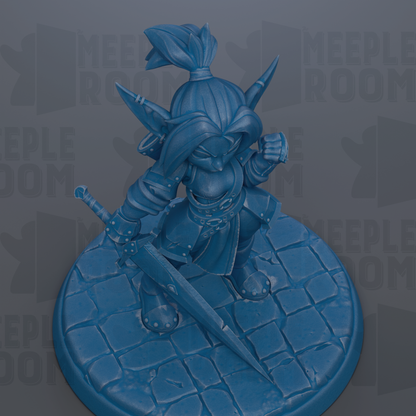 A blue figurine of a character with a sword and a pointed hat, standing on a blue base.