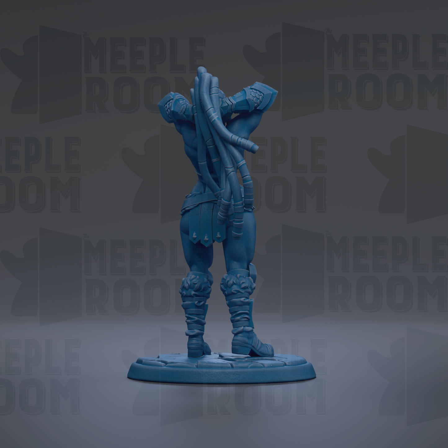 A blue figurine of a muscular, armored figure with long pipes protruding from its back, standing on a platform against a dark background with repeated text.