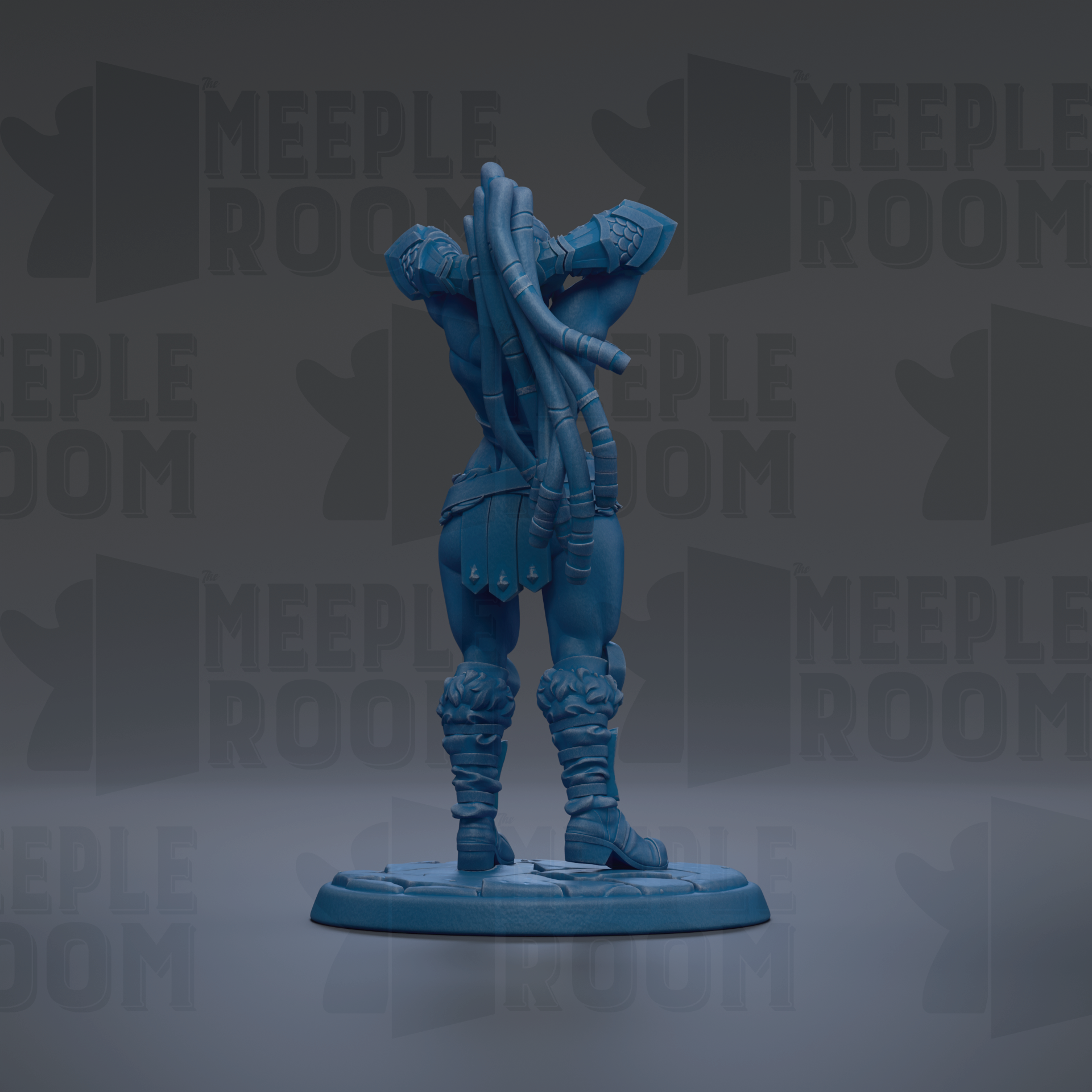 A blue figurine of a muscular, armored figure with long pipes protruding from its back, standing on a platform against a dark background with repeated text.