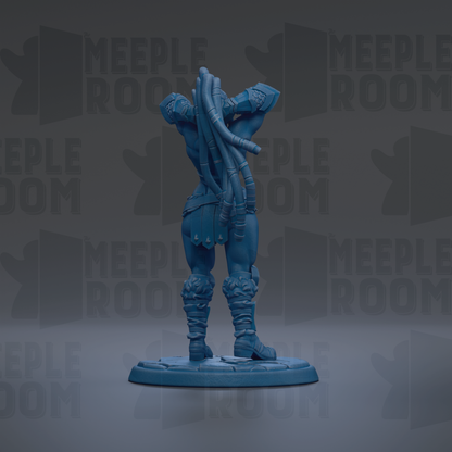 A blue figurine of a muscular, armored figure with long pipes protruding from its back, standing on a platform against a dark background with repeated text.
