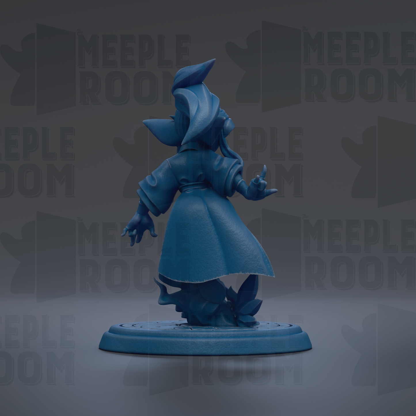 A blue figurine of a character with a pointed hat and flowing robes, standing on a circular base against a dark background with repeated text.