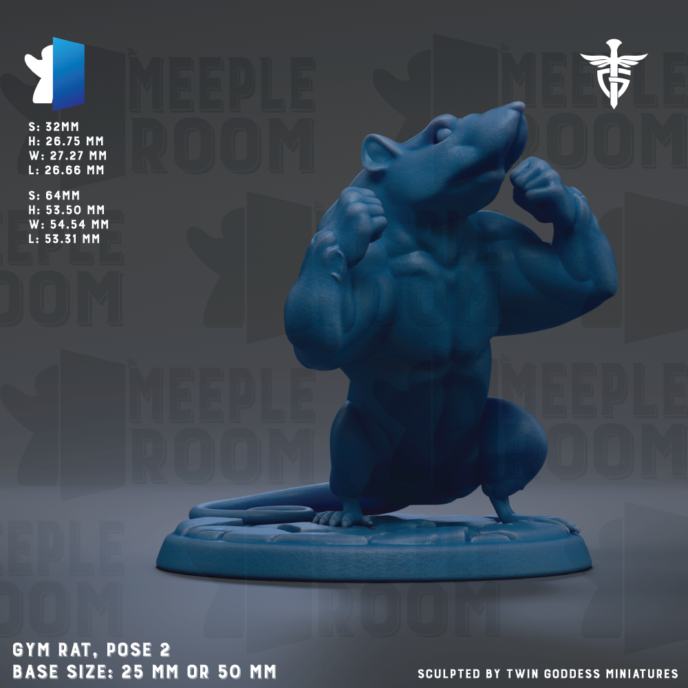A muscular blue gym rat statue is posed on a blue base, with the text "MEEPLE ROOM" displayed above it.