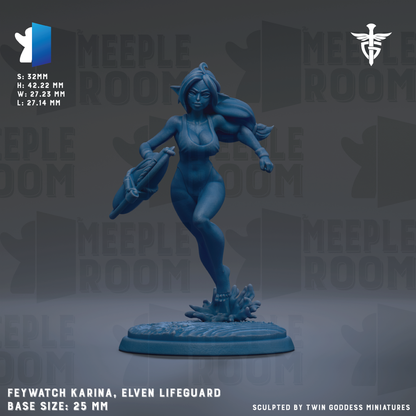 A figurine of a female character, likely a lifeguard, in a dynamic pose, standing on a base. The figurine is described as "Feywatch Karina, Elven Lifeguard" and is shown in a blue color. The base size of the figurine is 25mm.