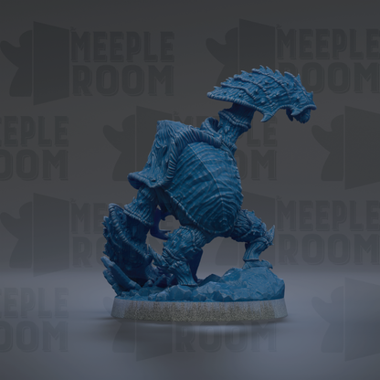 A blue, 3D-rendered figurine of a creature resembling a turtle or alligator, standing on a rock formation.