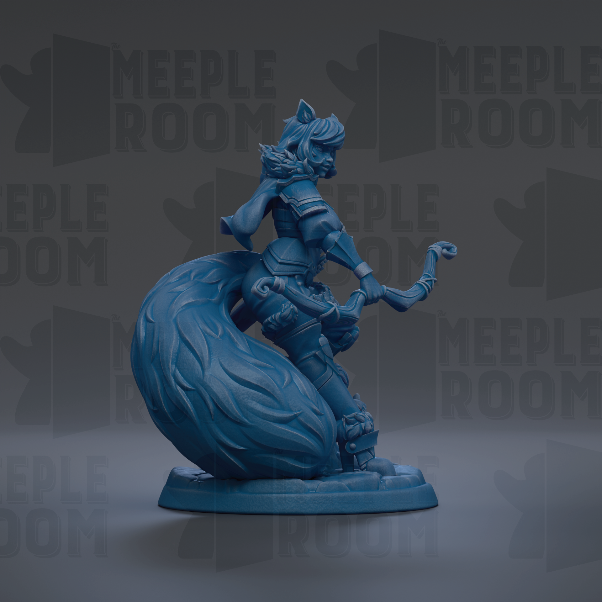 A blue figurine of a person holding a bow and arrow, standing on a base.