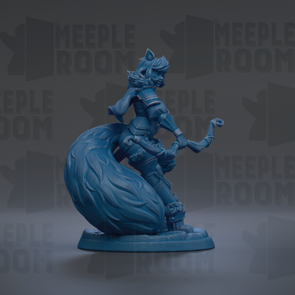 A blue figurine of a person holding a bow and arrow, standing on a base.