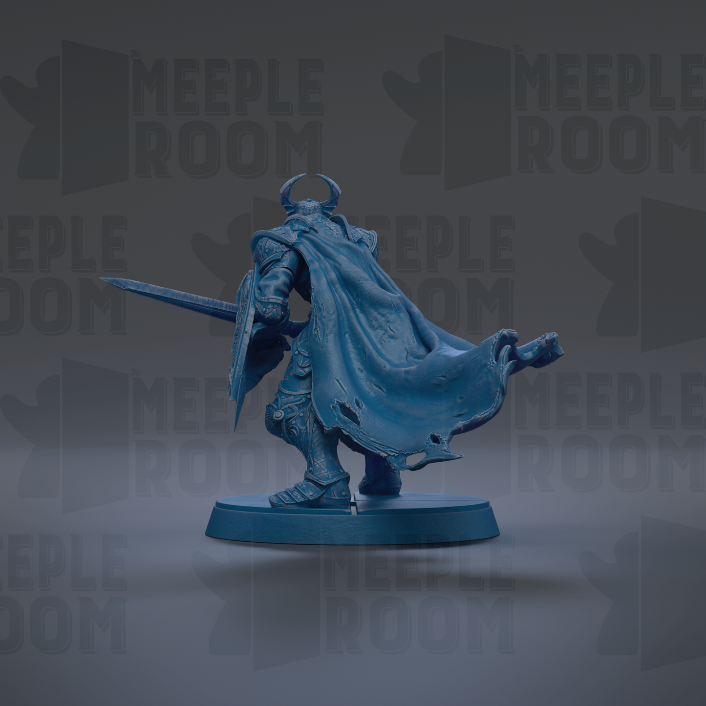 A blue figurine of a warrior standing on a pedestal, holding a sword and wearing a cape.