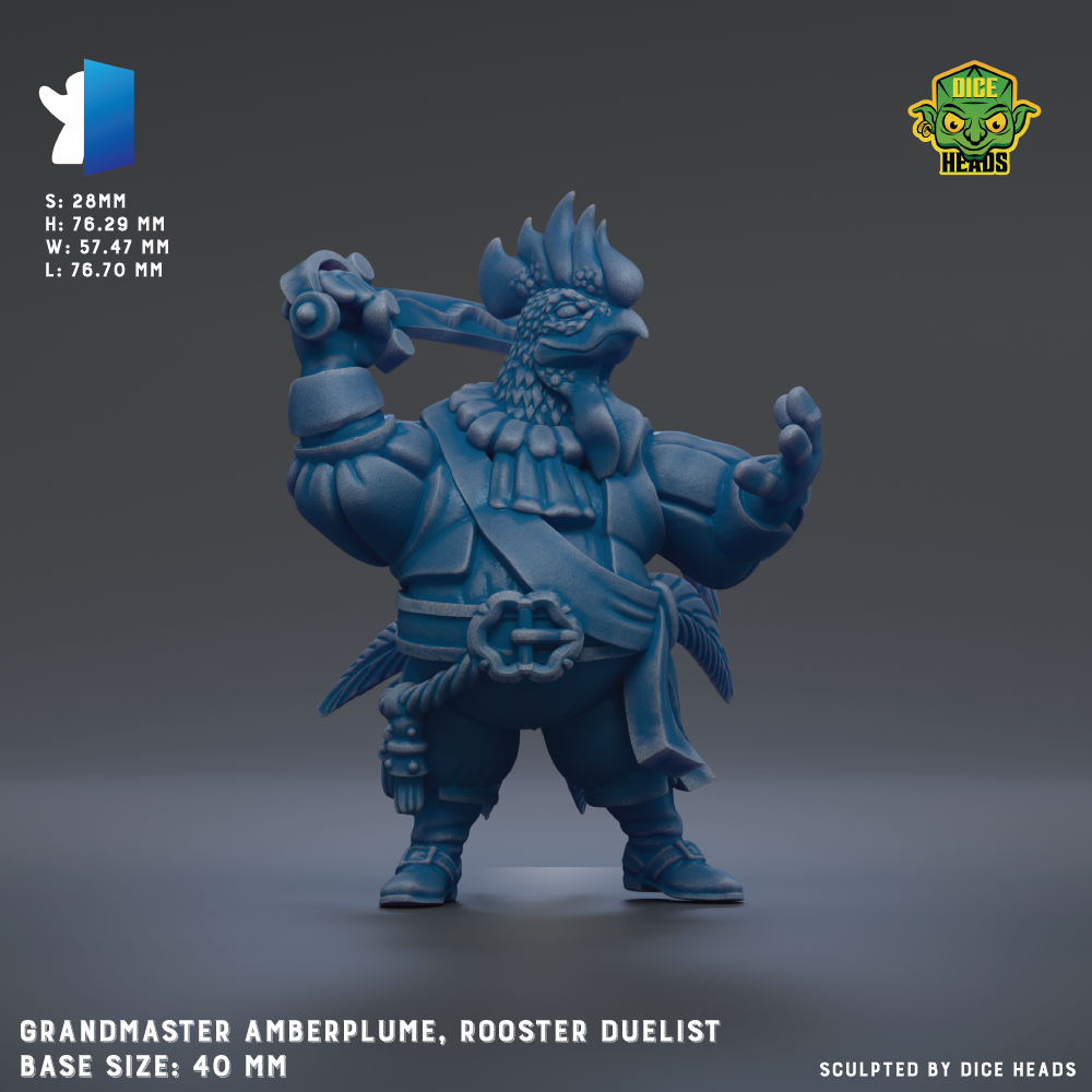 A 3D model of a rooster-like character, possibly a Grandmaster Amberplume, Rooster duelist, with a sword in its hand. The character is depicted in a dynamic pose, standing on one leg and holding the sword in its other hand. The image is described as a "base size: 40 mm" and is part of a larger collection of images.