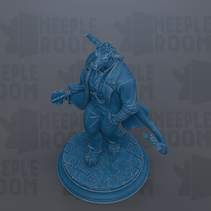 A blue figurine of a dragon-like creature with a long tail and a pointed hat, standing on a stone base.