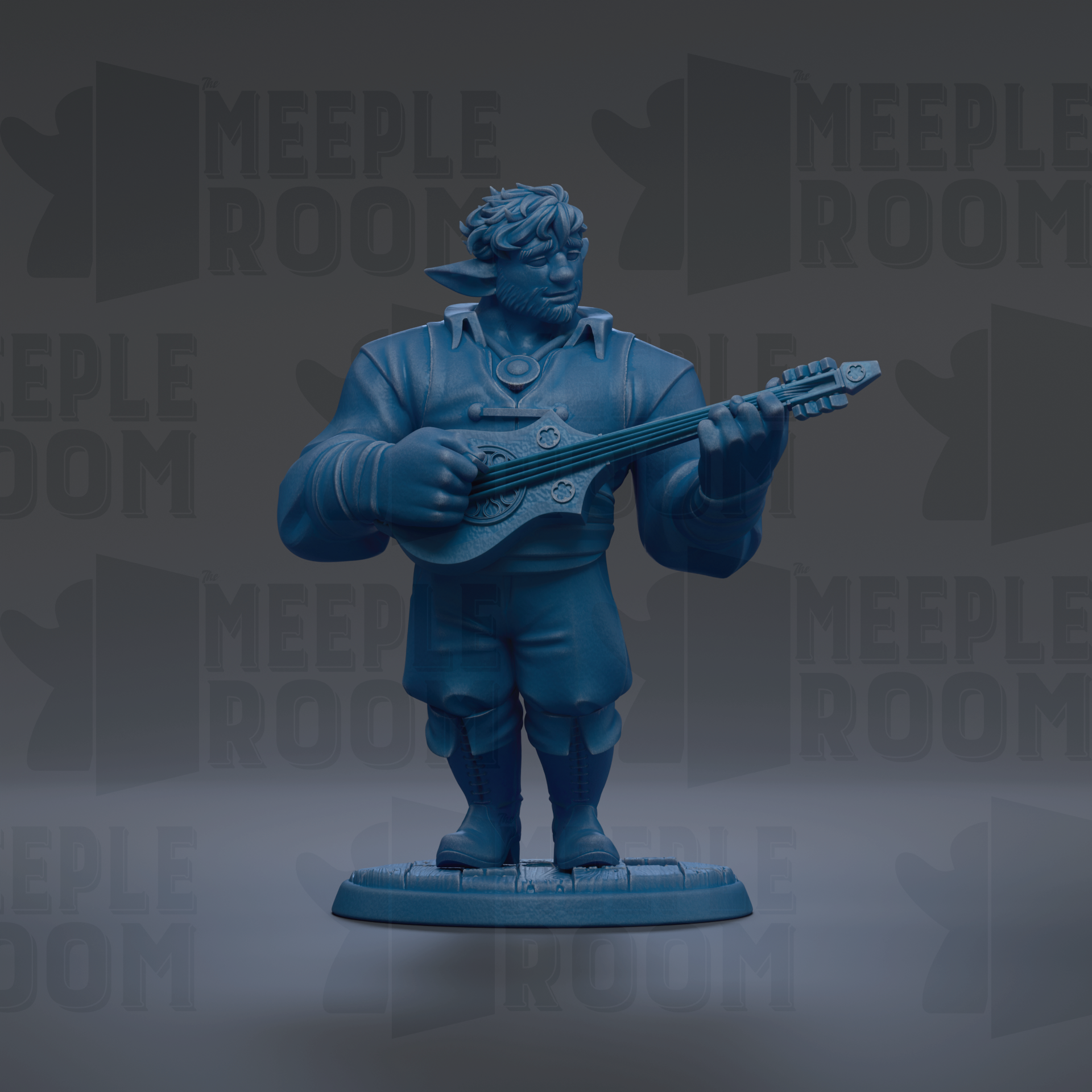 A blue figurine of a person playing a guitar.
