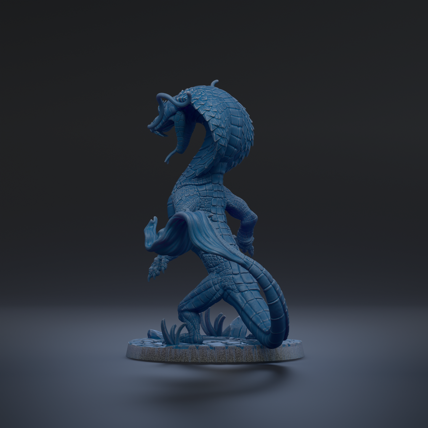 A blue, 3D-rendered dragon statue is shown in a dynamic pose, with its head and tail raised, against a dark background.