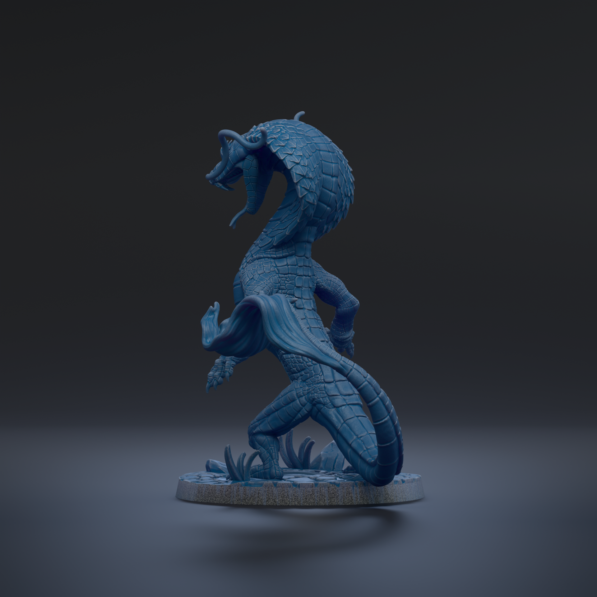 A blue, 3D-rendered dragon statue is shown in a dynamic pose, with its head and tail raised, against a dark background.