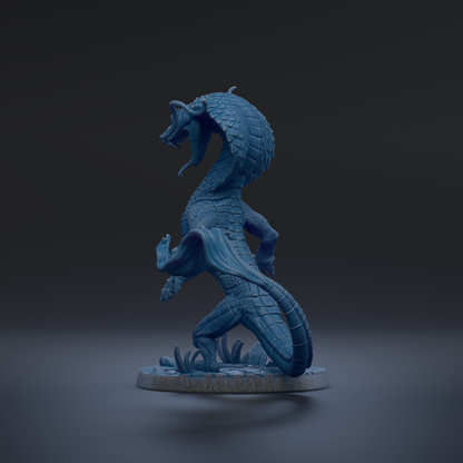 A blue, 3D-rendered dragon statue is shown in a dynamic pose, with its head and tail raised, against a dark background.