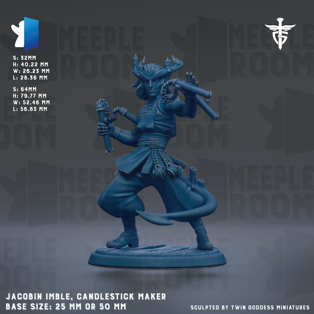 The image is a detailed model of a candlelestick maker, specifically a Jacobin Imble, which is a type of candle maker. The model is shown in a dynamic pose, holding a candle and a wick, and is depicted in a blue color. The base size of the model is either 25mm or 50mm, depending on the specific version or edition. The image is a collage of multiple images, and it is described as being sculpted by Twin Goddess Miniatures.