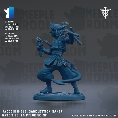 The image is a detailed model of a candlelestick maker, specifically a Jacobin Imble, which is a type of candle maker. The model is shown in a dynamic pose, holding a candle and a wick, and is depicted in a blue color. The base size of the model is either 25mm or 50mm, depending on the specific version or edition. The image is a collage of multiple images, and it is described as being sculpted by Twin Goddess Miniatures.