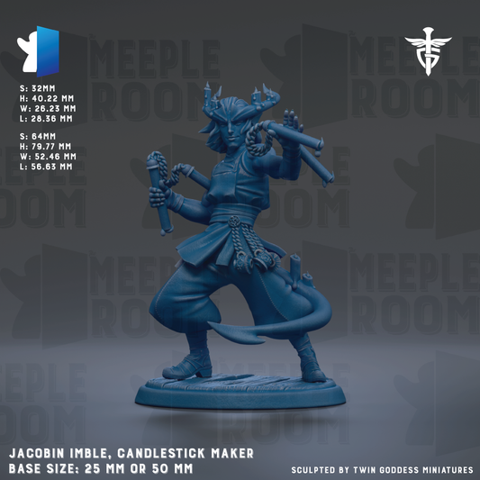 The image is a detailed model of a candlelestick maker, specifically a Jacobin Imble, which is a type of candle maker. The model is shown in a dynamic pose, holding a candle and a wick, and is depicted in a blue color. The base size of the model is either 25mm or 50mm, depending on the specific version or edition. The image is a collage of multiple images, and it is described as being sculpted by Twin Goddess Miniatures.