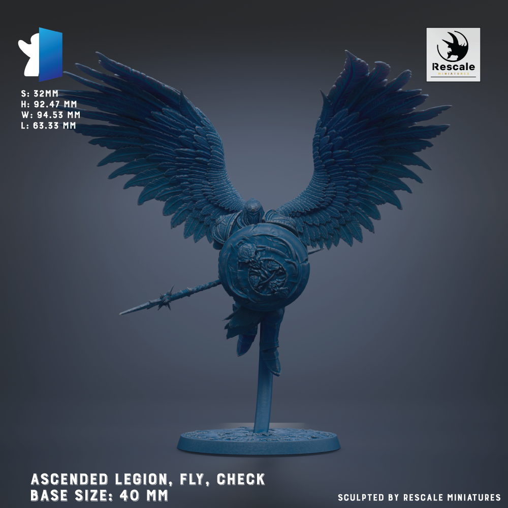 a blue winged figure with a shield, standing on a base. The figure is described as an "ascended Legion, fly, check" and is shown in various sizes, including 40 mm, suggesting it is a miniature. The image is described as a "sculpted by Rescue miniatures" and is part of a collection of miniatures.