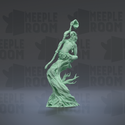 A green statue of a figure holding a staff and walking on a tree stump against a dark background with repeated "MEUPLE ROOM" text.