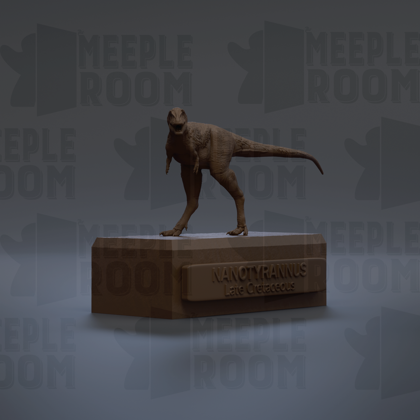 A 3D rendering of a dinosaur, specifically Nanotyrannus, standing on a platform with the text "NANOTYRANNUS Lane Cretaceous" below it.