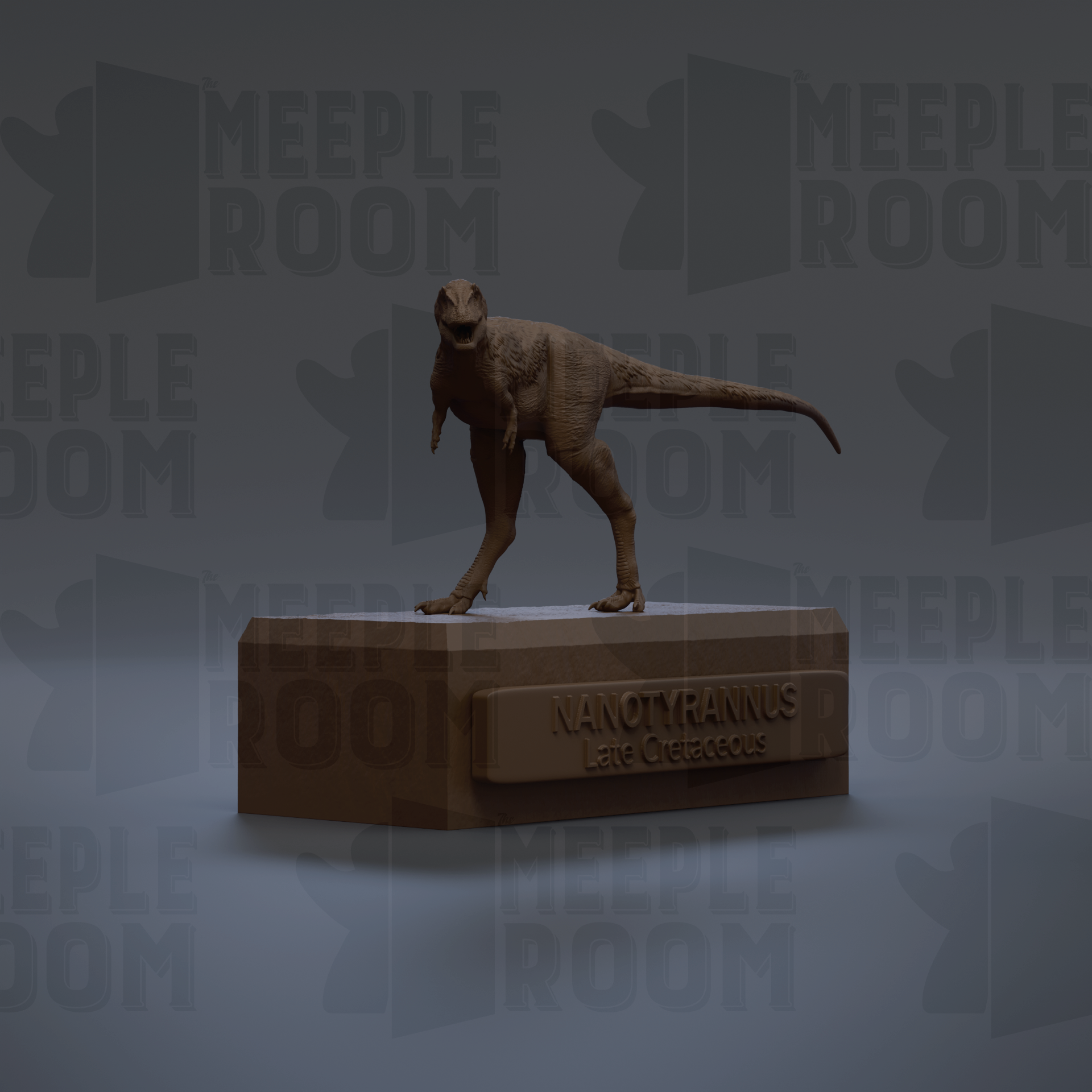 A 3D rendering of a dinosaur, specifically Nanotyrannus, standing on a platform with the text "NANOTYRANNUS Lane Cretaceous" below it.