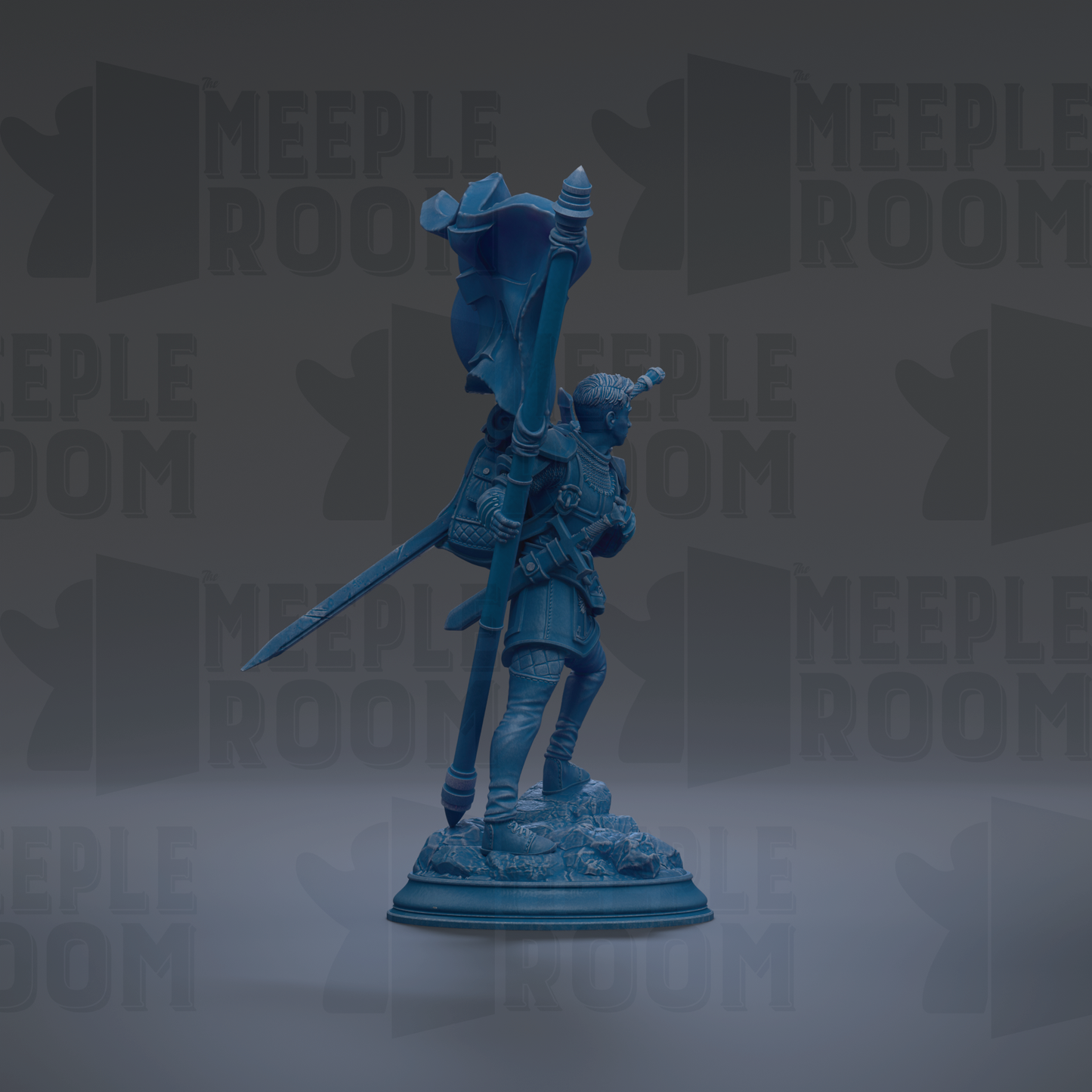 A blue statue of a person holding a flag and sword stands against a dark background with repeated "MEIPLLE ROOM" text.