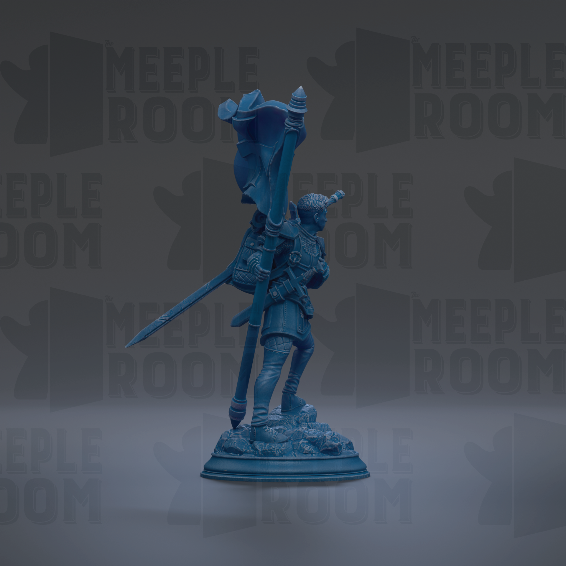 A blue statue of a person holding a flag and sword stands against a dark background with repeated "MEIPLLE ROOM" text.