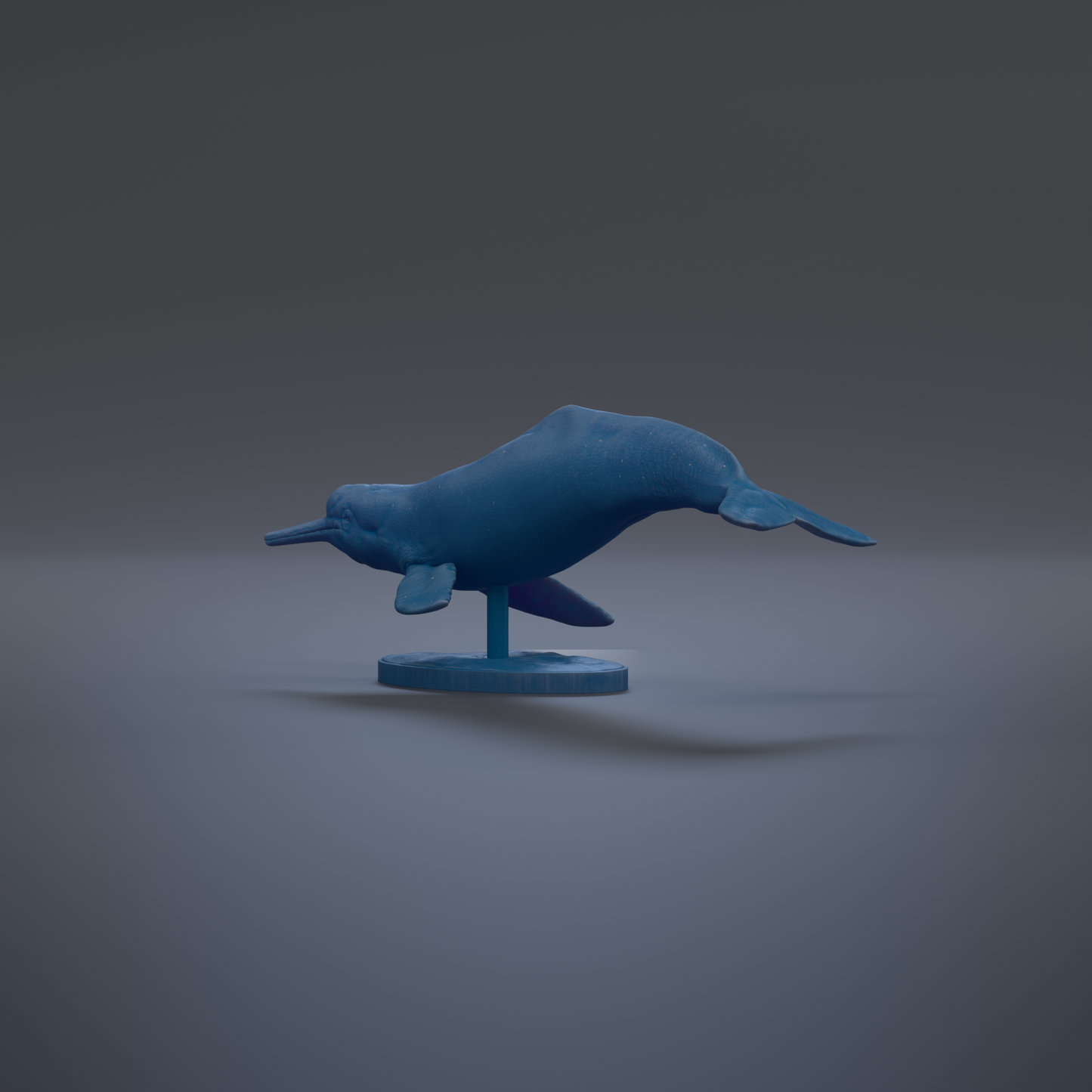 A blue plastic toy dolphin is shown on a gray background.