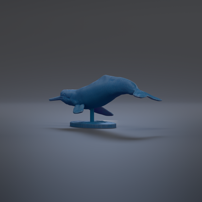 A blue plastic toy dolphin is shown on a gray background.