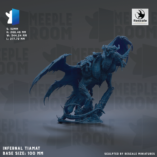 The image is a 3D model of a blue dragon-like creature, possibly a mythical or fantasy creature, with wings and sharp teeth. The creature is shown in a dynamic pose, standing on one leg and holding a weapon in its mouth. The background is a dark gray color, which contrasts with the blue of the creature and makes it stand out. The image is described as a "base size: 100 mm" and "sculpted by Rescue miniatures", indicating that it is a miniature model created by a company called Rescue.