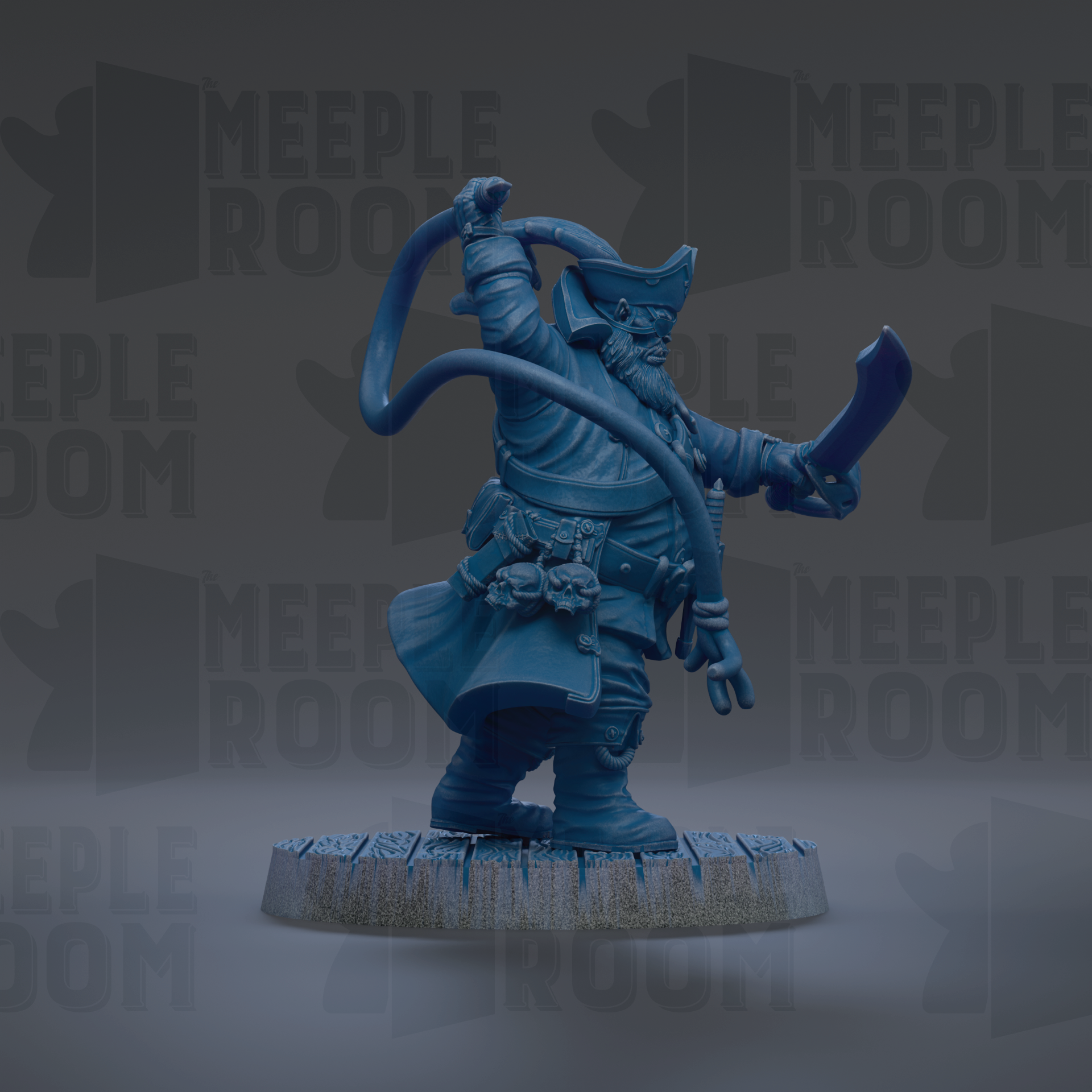 A blue figurine of a pirate standing on a platform, holding a sword and wearing a hat.