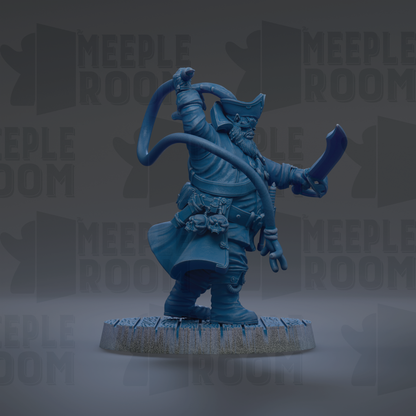 A blue figurine of a pirate standing on a platform, holding a sword and wearing a hat.