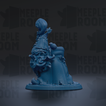 A blue, abstract sculpture with a whimsical, organic shape and flowing lines, set against a dark background with repeated text.