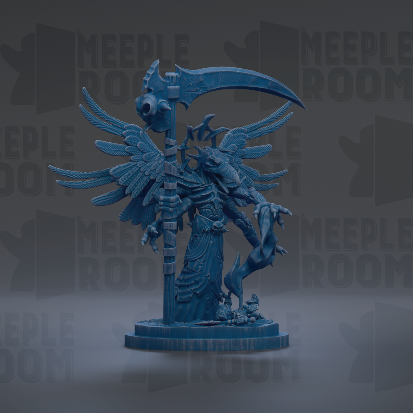 A blue, winged statue of a deity or mythical creature with a large staff and a scythe, standing on a pedestal.