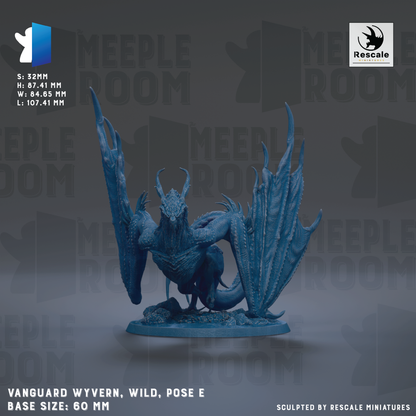 The image is a detailed model of a blue dragon-like creature, possibly a mythical or fantasy creature, with wings and sharp teeth. The creature is standing on a base and appears to be posed in a dynamic, fighting stance. The image is described as a "sculpted by Rescue" model, indicating that it is a professionally crafted miniature. The base size of the model is 60 millimeters, and the image is described as a "collage of multiple images" and "rescale miniatures".