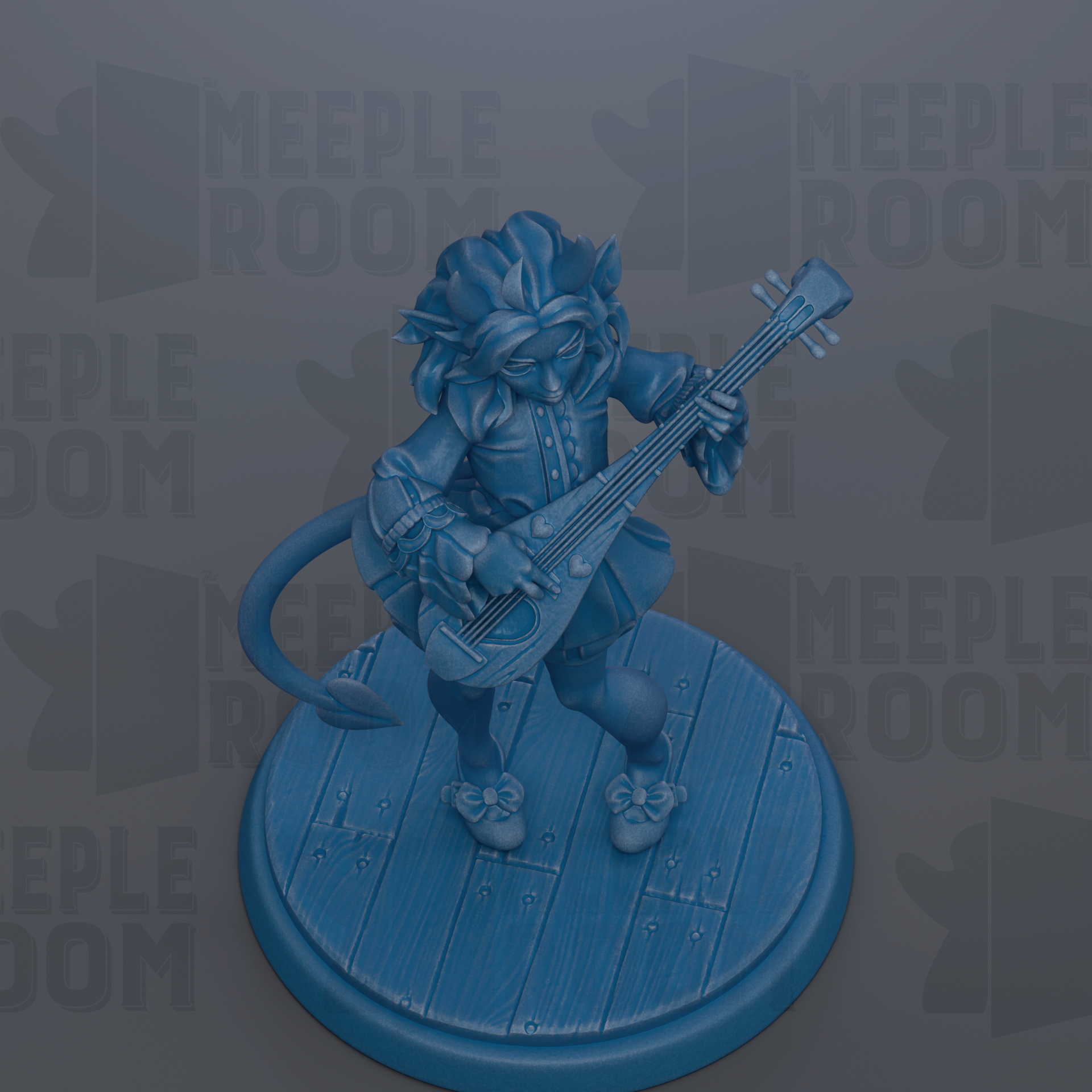 A blue figurine of a person playing a musical instrument, such as a guitar or violin, is standing on a wooden base.