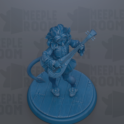 A blue figurine of a person playing a musical instrument, such as a guitar or violin, is standing on a wooden base.