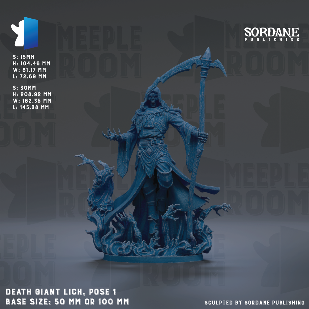 a Death Giant Lich, a figurine of a dark, armored figure with a long staff, posed in a dynamic stance. The figurine is displayed against a dark background, with the text "S.15MM H.104.46 MM W.81.63 MM L:72.68 MM" indicating its dimensions and base size. The image is a sculpture, and the base size is either 50mm or 100mm.