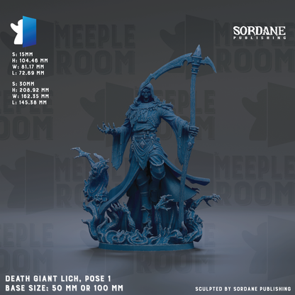 a Death Giant Lich, a figurine of a dark, armored figure with a long staff, posed in a dynamic stance. The figurine is displayed against a dark background, with the text "S.15MM H.104.46 MM W.81.63 MM L:72.68 MM" indicating its dimensions and base size. The image is a sculpture, and the base size is either 50mm or 100mm.