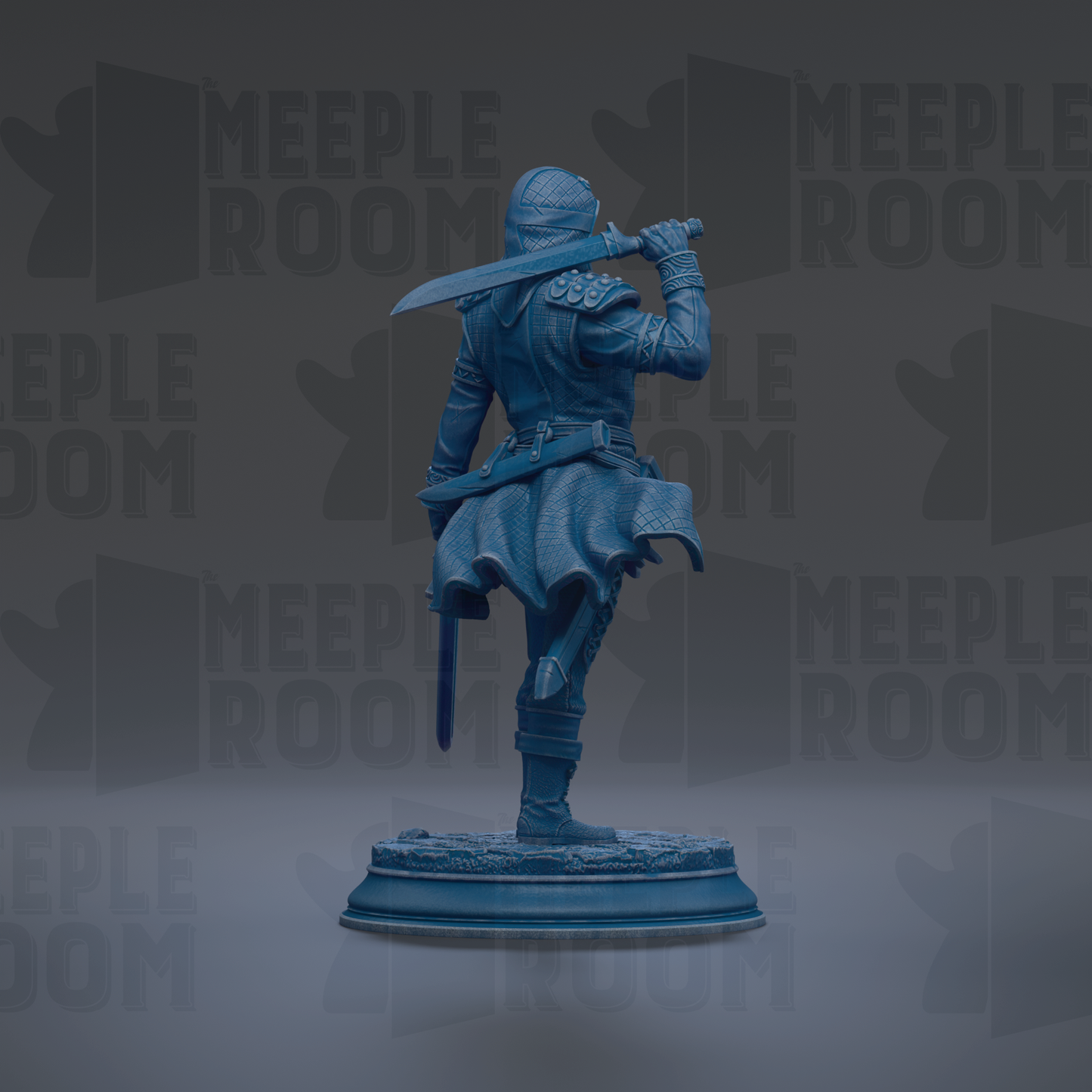 A blue statue of a person holding a sword and shield, standing on a pedestal.
