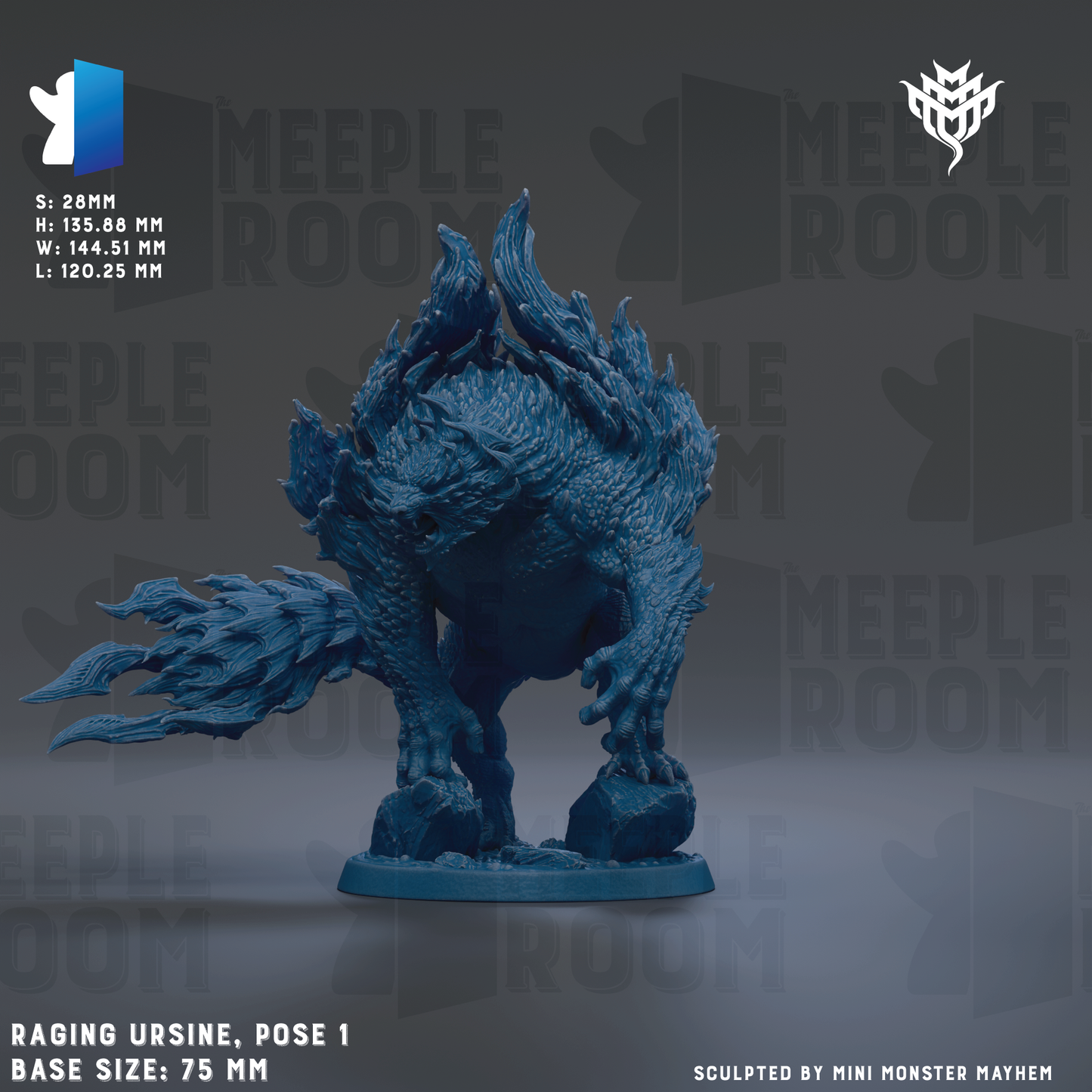 a detailed, blue, sculpted figurine of a creature resembling a monster or dragon, with intricate details and a fierce expression. The figurine is posed in a dynamic, fighting stance, and is set against a dark background with repeated text and logos.