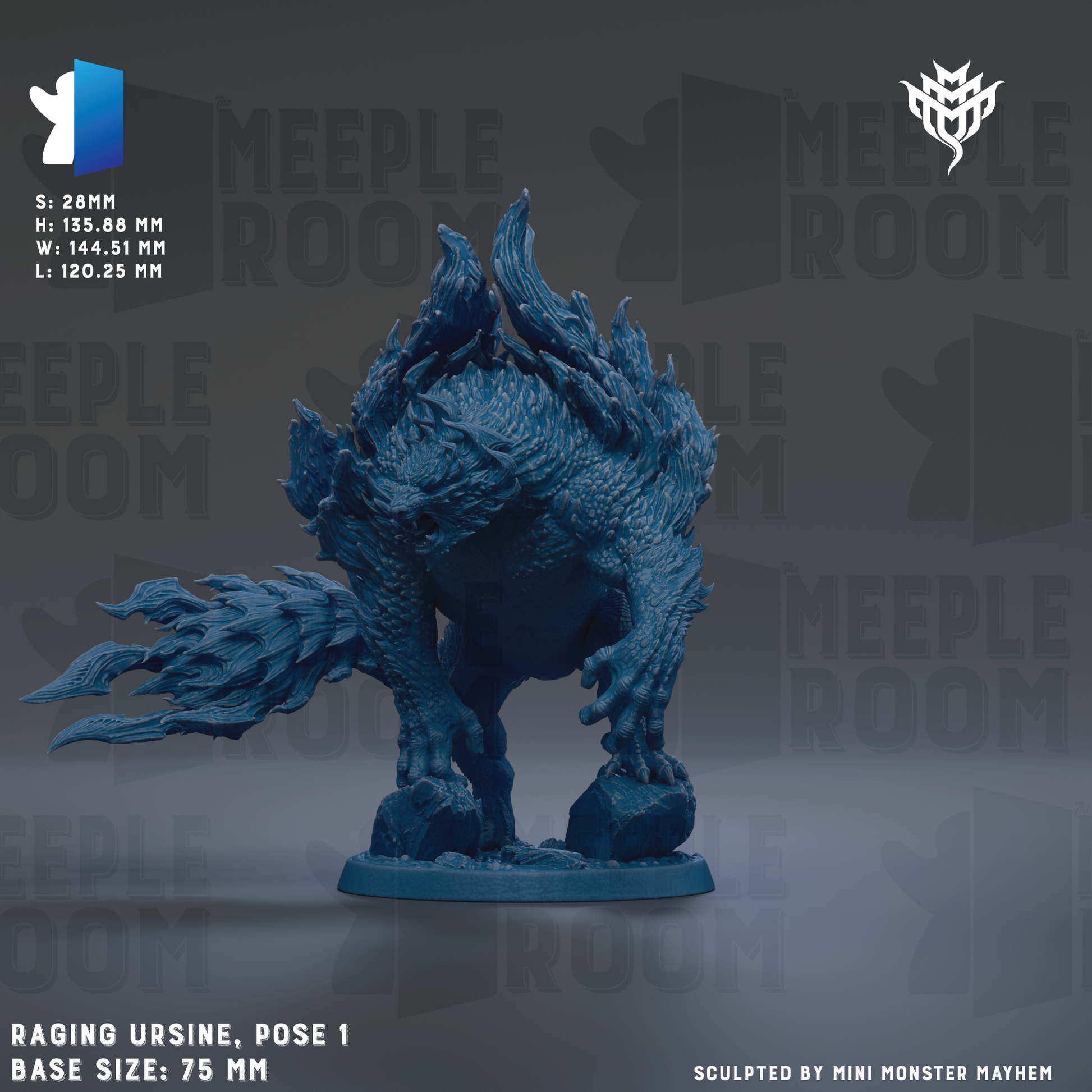 a detailed, blue, sculpted figurine of a creature resembling a monster or dragon, with intricate details and a fierce expression. The figurine is posed in a dynamic, fighting stance, and is set against a dark background with repeated text and logos.