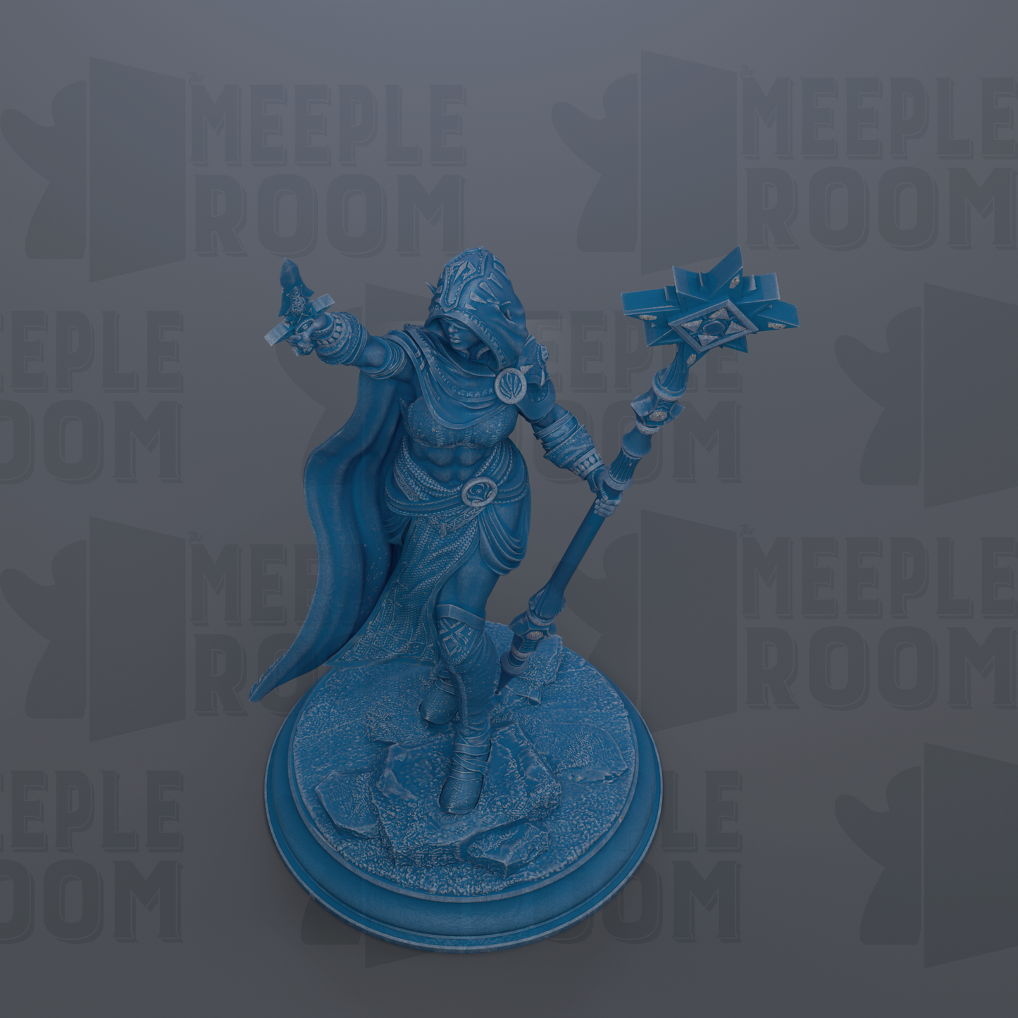 A blue figurine of a female character with a staff and a flowing cape, standing on a base.
