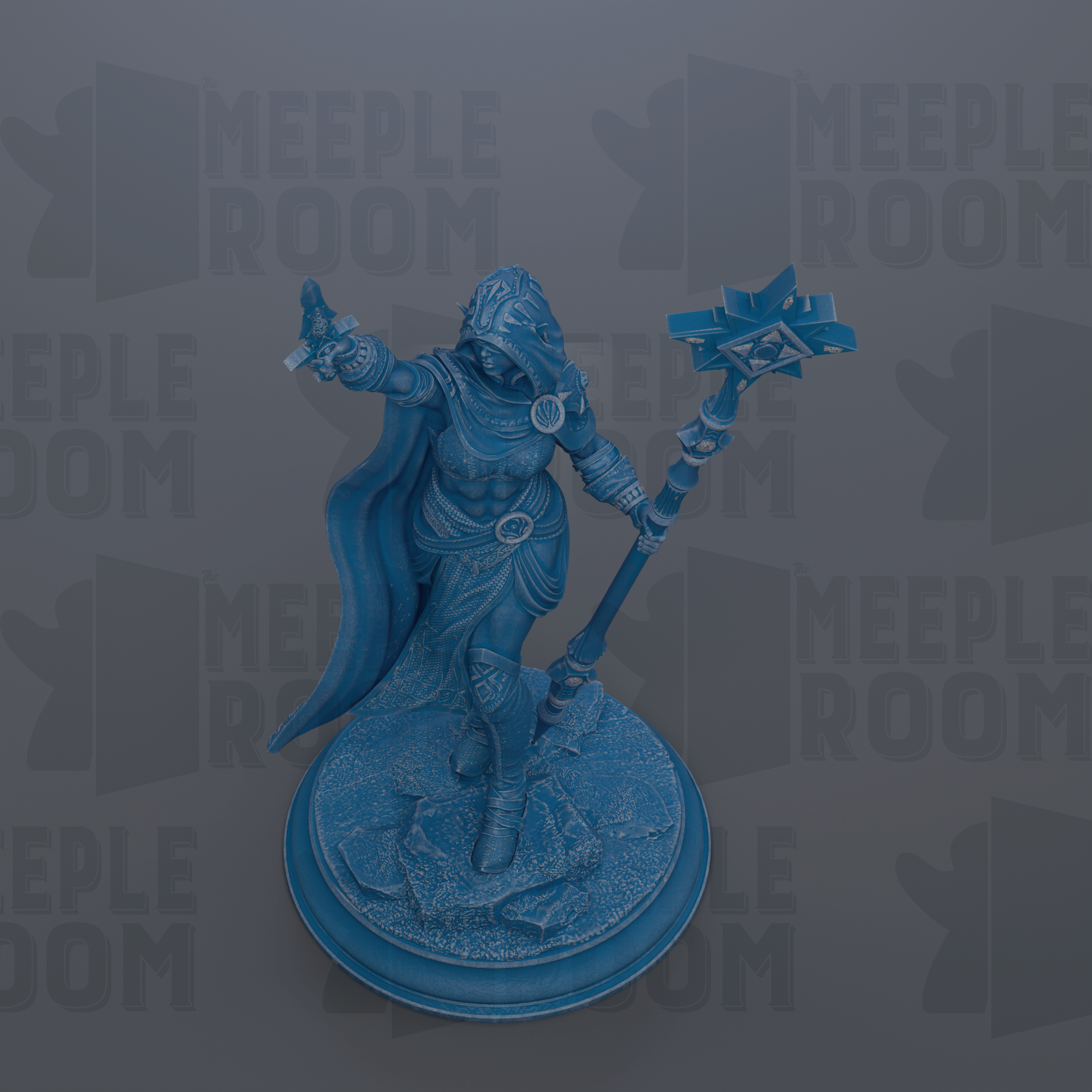 A blue figurine of a female character with a staff and a flowing cape, standing on a base.