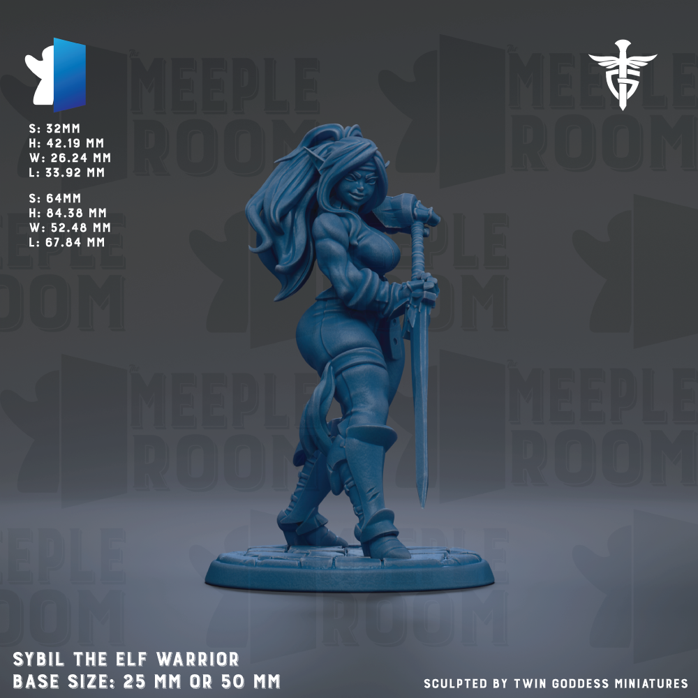 The image is a figurine of a female character, specifically a warrior, in a blue color. The figurine is standing on a base and holding a sword. The image is described as a "MEIPLE ROOM" and "MEIPLE ROOM" based on the repeated text in the background. The figurine is described as "SYBIL THE ELF WARRIOR" and "BASE SIZE: 25 MM OR 50 MM". The image is described as a "collage of multiple images" and "Sculpted by Twin Goddess Miniatures".