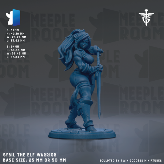 The image is a figurine of a female character, specifically a warrior, in a blue color. The figurine is standing on a base and holding a sword. The image is described as a "MEIPLE ROOM" and "MEIPLE ROOM" based on the repeated text in the background. The figurine is described as "SYBIL THE ELF WARRIOR" and "BASE SIZE: 25 MM OR 50 MM". The image is described as a "collage of multiple images" and "Sculpted by Twin Goddess Miniatures".