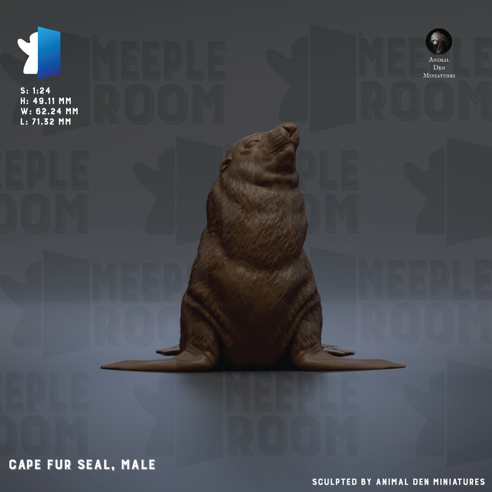 The image is a 3D rendering of a male seal, specifically a male Cape fur seal, sitting on its hind legs.